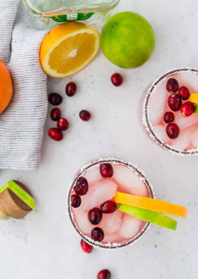 image of cranberry orange margaritas, shot from above