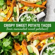 Beer marinated roasted sweet potatoes, charred corn, creamy avocado, crisp onions, and fresh cilantro, wrapped in a soft corn tortilla, make these vegetarian sweet potato tacos a taste sensation! 