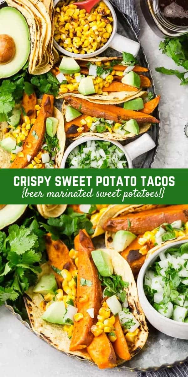 Beer marinated roasted sweet potatoes, charred corn, creamy avocado, crisp onions, and fresh cilantro, wrapped in a soft corn tortilla, make these vegetarian sweet potato tacos a taste sensation!