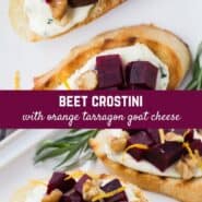 Imagine ruby red beets and tangy goat cheese, flavored with orange zest and fresh tarragon, layered on crispy slices of toasted bread and sprinkled with walnuts. Beet bruschetta with orange tarragon goat cheese are irresistible!