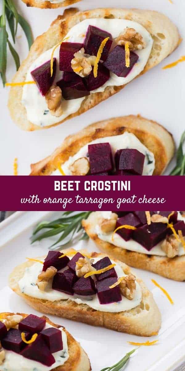 Imagine ruby red beets and tangy goat cheese, flavored with orange zest and fresh tarragon, layered on crispy slices of toasted bread and sprinkled with walnuts. Beet bruschetta with orange tarragon goat cheese are irresistible!