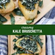 Reminiscent of spinach dip, creamy kale bruschetta will knock your socks off. Crisp bread topped with warm, creamy sautéed kale, enhanced by a hint of garlic and nutmeg, make this appetizer irresistible. 