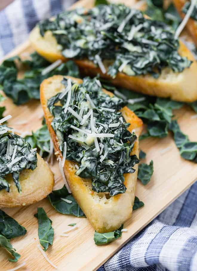 Image of creamy kale bruschetta, aka crostini