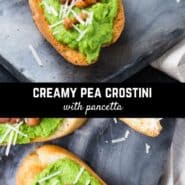 Beautiful green creamy pea puree spread on crisp crostini, sprinkled with bits of pancetta and flavored with mint, chives, and lemon, these pea crostini appetizers are unforgettable.