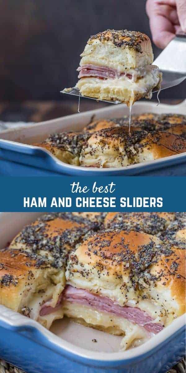 Easy oven baked ham and cheese sliders are perfect for a crowd. Oozing with Swiss cheese and loaded with ham, these tasty sliders will disappear quickly.