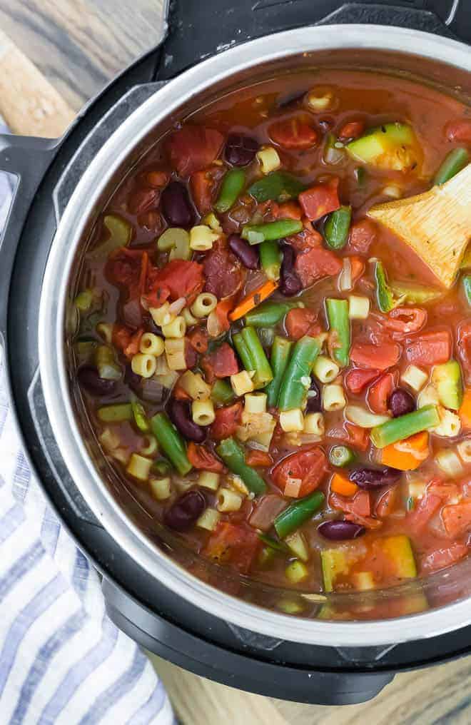Image of minestrone soup in an Instant Pot. 