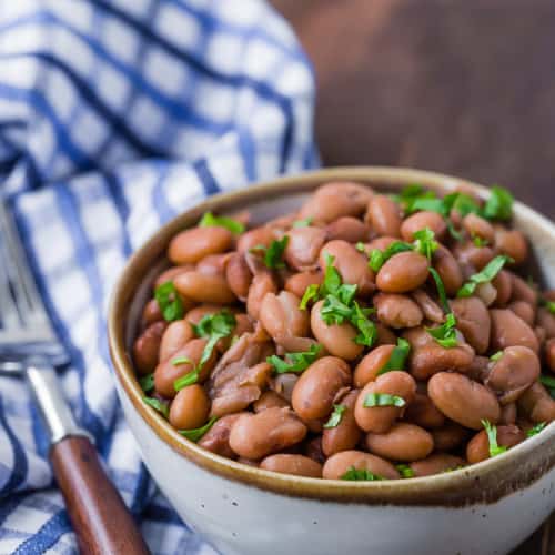 Image of cooked pinto beans made from dried beans using an instant pot.