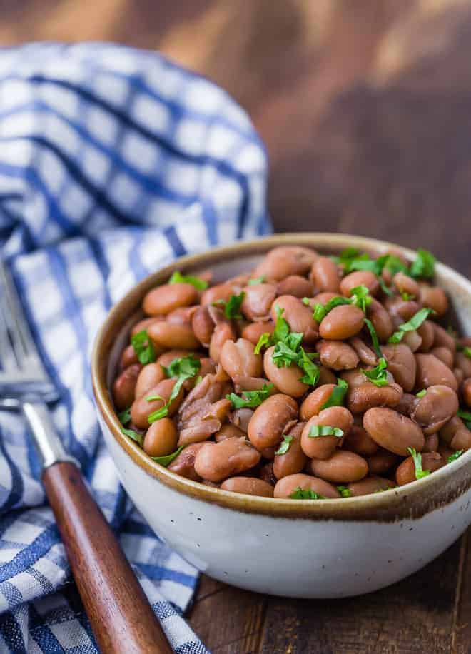 Image of cooked pinto beans made from dried beans using an instant pot. 