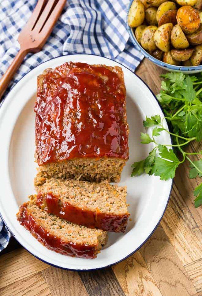 Image of pork, beef, and turkey meatloaf, shot from above.
