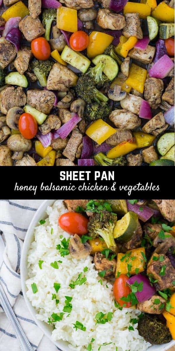 Tender marinated chicken and flavorful crisp vegetables combined and roasted in the oven on a sheet pan. Serve honey balsamic chicken and vegetables over a bed of steaming rice for an easy and delicious entrée.