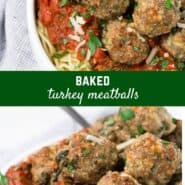 Image of baked turkey meatballs piled on top of spaghetti and marinara sauce.