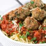 Image of a giant bowl of spaghetti with turkey meatballs.