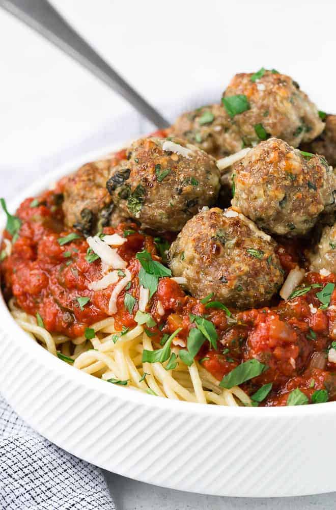 Image of a giant bowl of spaghetti with turkey meatballs.