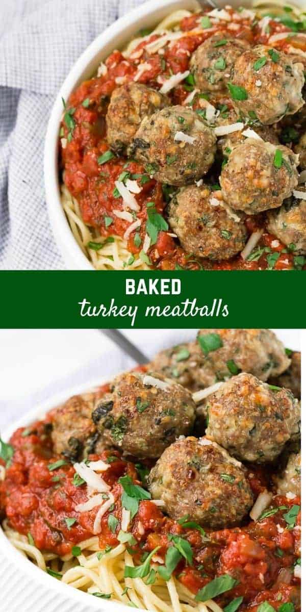 Image of baked turkey meatballs piled on top of spaghetti and marinara sauce.