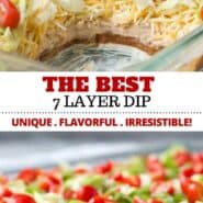 This isn’t your ordinary 7 layer dip recipe – it’s the best and has a couple unique layers that make it really stand out from the crowd. It’s easy and has a wonderful Mexican flavor. Make it for your next party or game day and everyone will be asking for the recipe! #appetizer #dip #7layerdip #partyfood #gameday