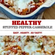 This Healthy Stuffed Pepper Casserole with cheddar and ground turkey is a great go-to meal for nights when you don’t really feel like cooking. This recipe is easy to make, hearty, and tastes great! #healthy #easy #casserole #dinner