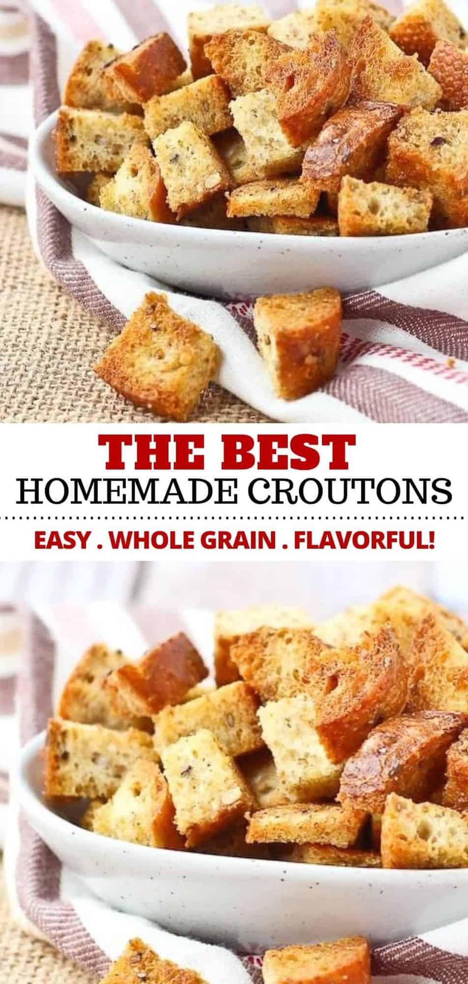 Homemade croutons are so easy to make – these baked, whole grain, 4 ingredient croutons will transform your soups and salads into something completely irresistible. #homemade #croutons #wholegrain #baked