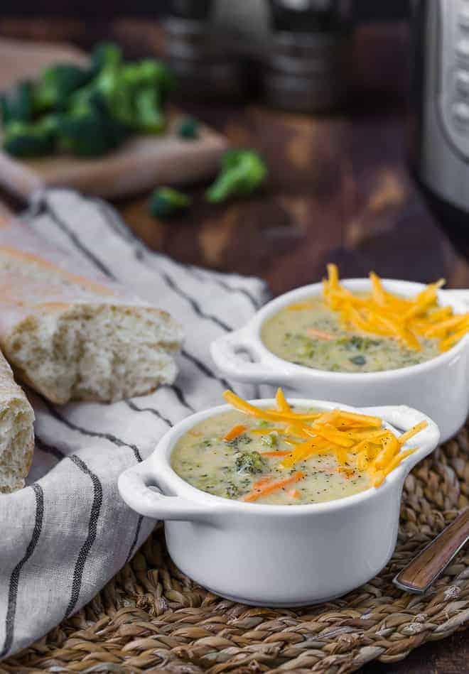 image of broccoli cheddar soup in bowls.