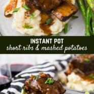 These Instant Pot short ribs are fall-off-the-bone tender in less than an hour under pressure, and the best part is the mashed potatoes cook AT THE SAME TIME in the Instant Pot!