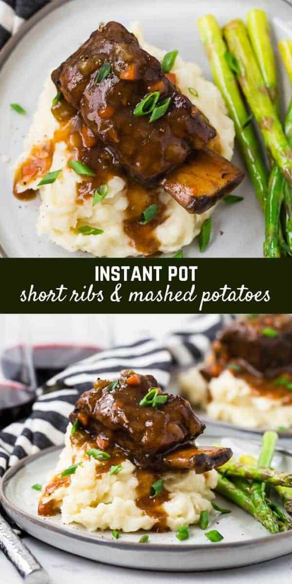 These Instant Pot short ribs are fall-off-the-bone tender in less than an hour under pressure, and the best part is the mashed potatoes cook AT THE SAME TIME in the Instant Pot!