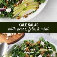 With the surprising addition of fresh mint leaves, this kale and pear salad combines tender kale, juicy ripe pears, briny feta cheese, and a sprinkling of savory granola, topped with a creamy yogurt dressing.