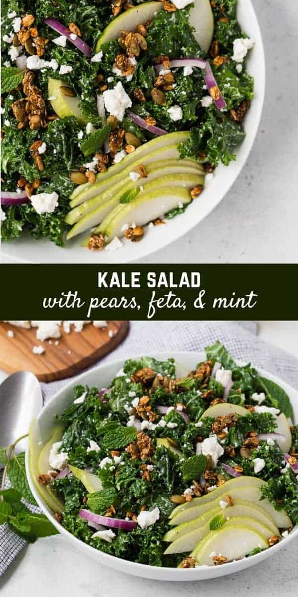 With the surprising addition of fresh mint leaves, this kale and pear salad combines tender kale, juicy ripe pears, briny feta cheese, and a sprinkling of savory granola, topped with a creamy yogurt dressing.