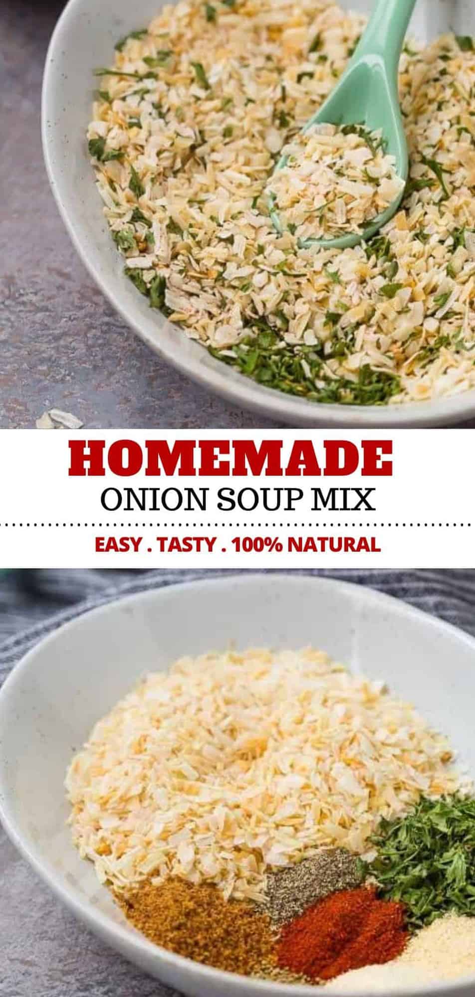 Homemade onion soup mix is so easy to make and perfect for homemade french onion dip, meatloaf, burgers, soup, and more! So many uses! The best part is, this recipe has no weird ingredients or MSG! #homemade #onionsoup #easy #diyonionsoupmix