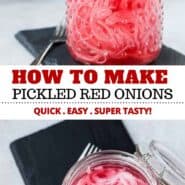 Learning how to make quick pickled red onions is SO easy! This recipe is the best and only takes five minutes and you probably have all the ingredients! You’ll love having a jar of these in your fridge for tacos, avocado toast, and more! #pickled #redonions #easy #topping