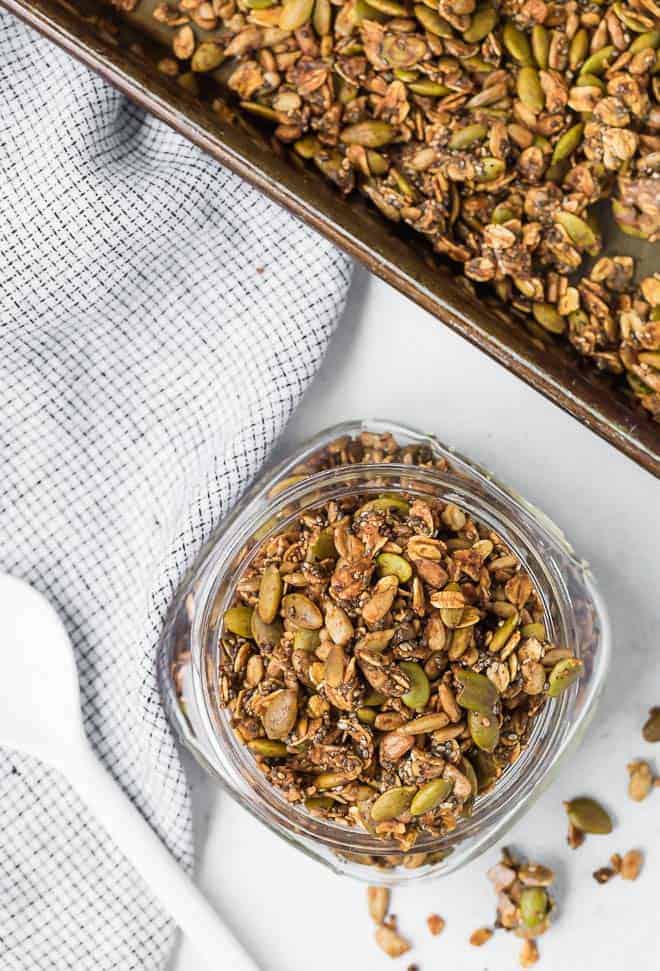 Image of nut free granola made with seeds and oats. 