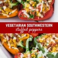 Vegetarian stuffed peppers bursting with a flavorful healthy filling of corn, pinto beans, tomatoes and green chiles, along with rice and cheese. Perfect as a main dish or a side.