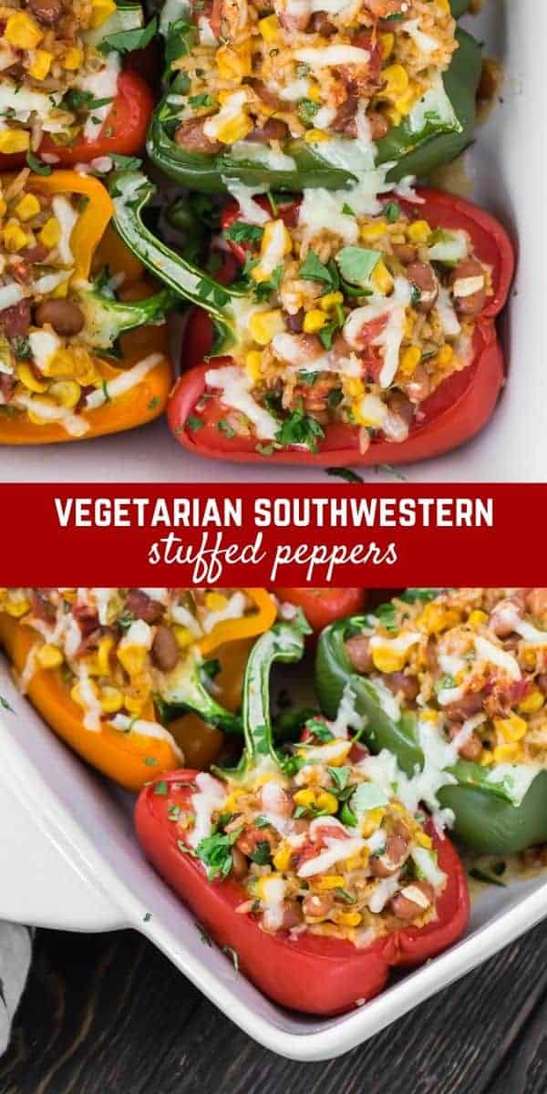 Vegetarian stuffed peppers bursting with a flavorful healthy filling of corn, pinto beans, tomatoes and green chiles, along with rice and cheese. Perfect as a main dish or a side.