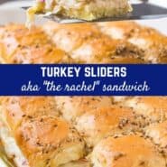 Turkey sliders, aka Rachel sandwiches or turkey Reubens, are a delightful twist on a traditional Reuben. You'll love these sliders stuffed with sliced turkey, creamy coleslaw and nutty Swiss cheese, baked in the oven until golden.