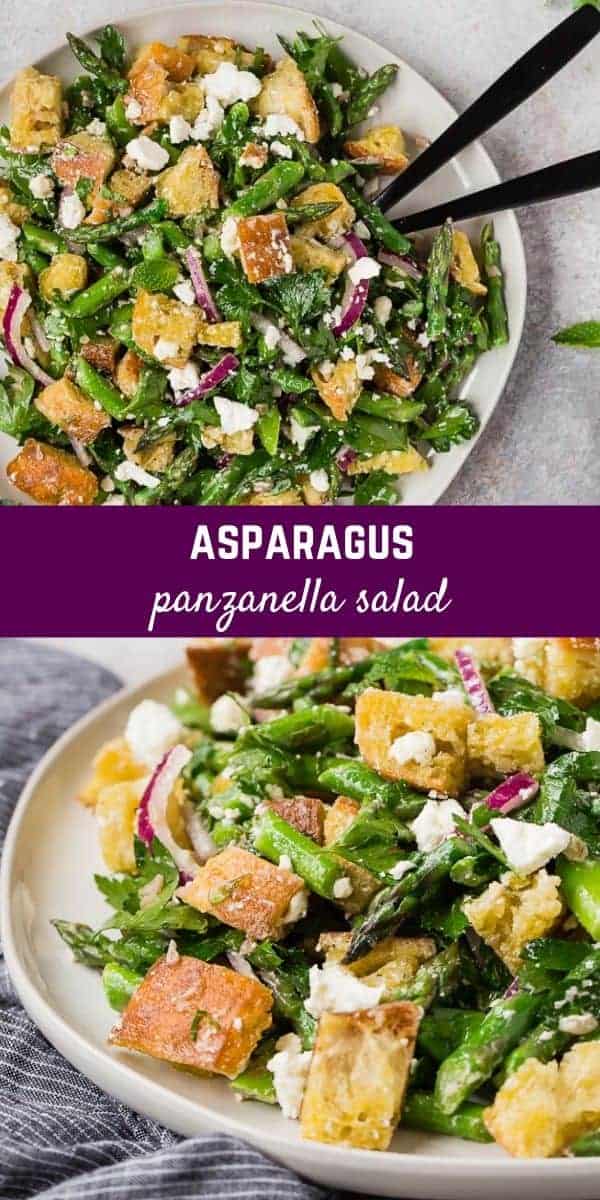 Asparagus panzanella is a unique spring time take on a traditional summer salad. You'll love this delightful salad of crisp asparagus, homemade croutons, fresh mint, and feta cheese!