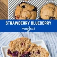 Collage of images of strawberry blueberry muffins.