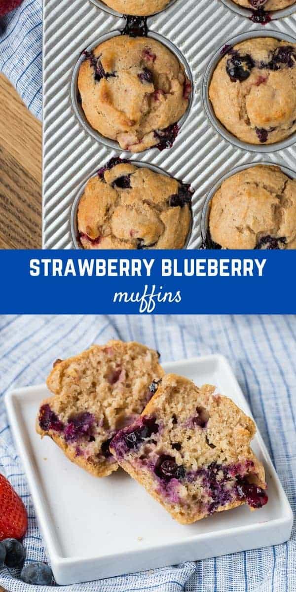 Collage of images of strawberry blueberry muffins.