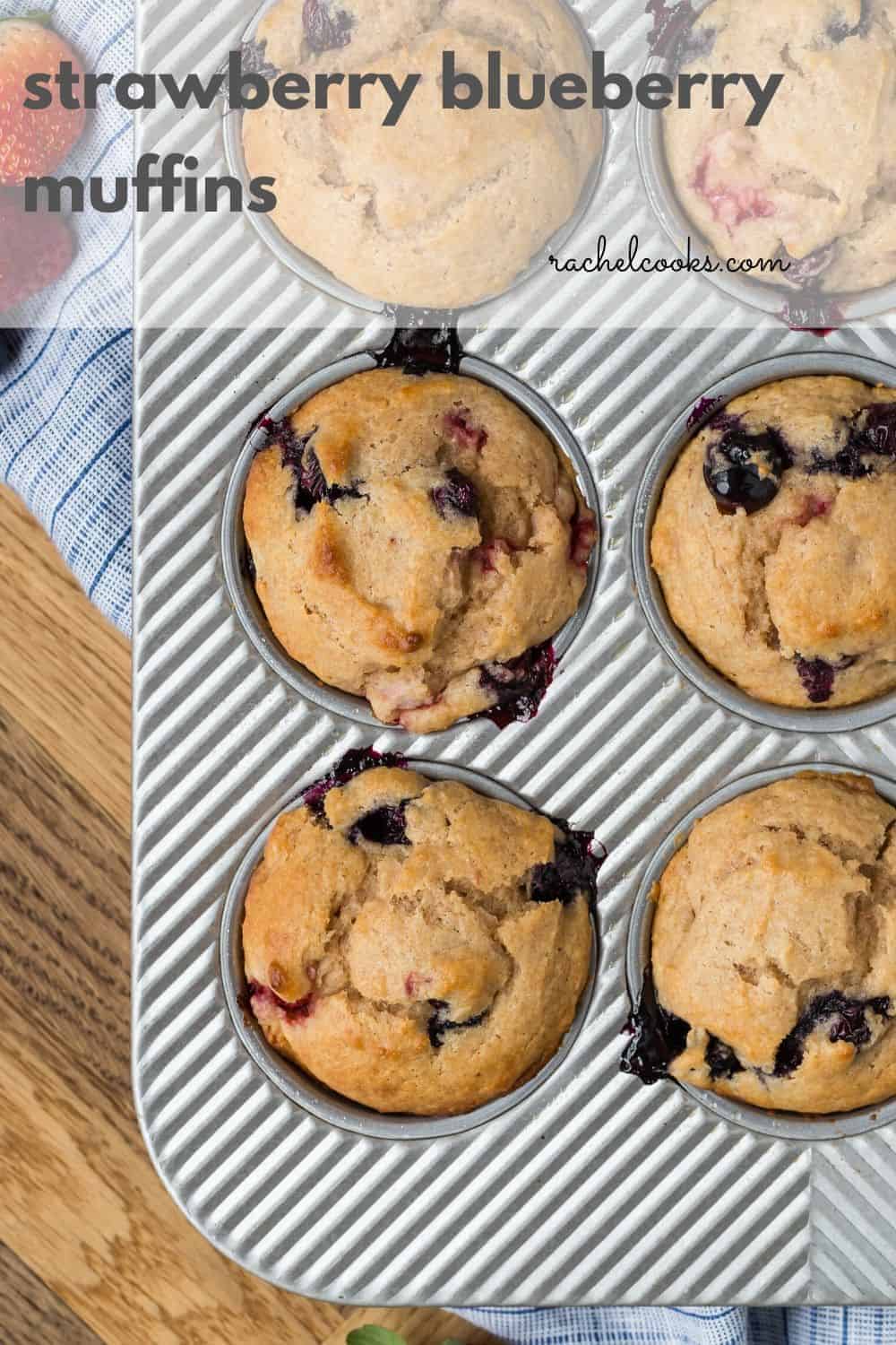Overhead image of muffins in a tin with a text overlay that reads "strawberry blueberry muffins"