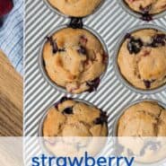 Overhead image of muffins in a tin with a text overlay that reads "strawberry blueberry muffins"