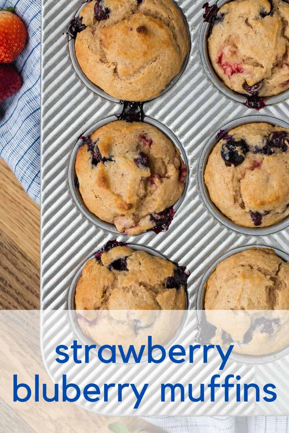 Overhead image of muffins in a tin with a text overlay that reads "strawberry blueberry muffins"