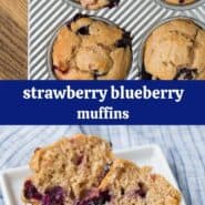 Collage of images of strawberry blueberry muffins.