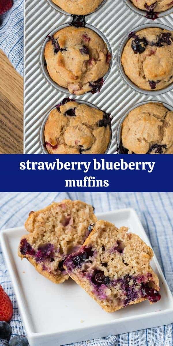 Collage of images of strawberry blueberry muffins.