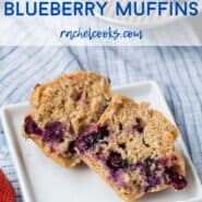 A muffin split open on a plate, a text overlay reads "whole wheat strawberry blueberry muffins."