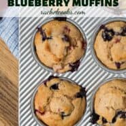 Overhead image of muffins in a tin with a text overlay that reads "strawberry blueberry muffins"