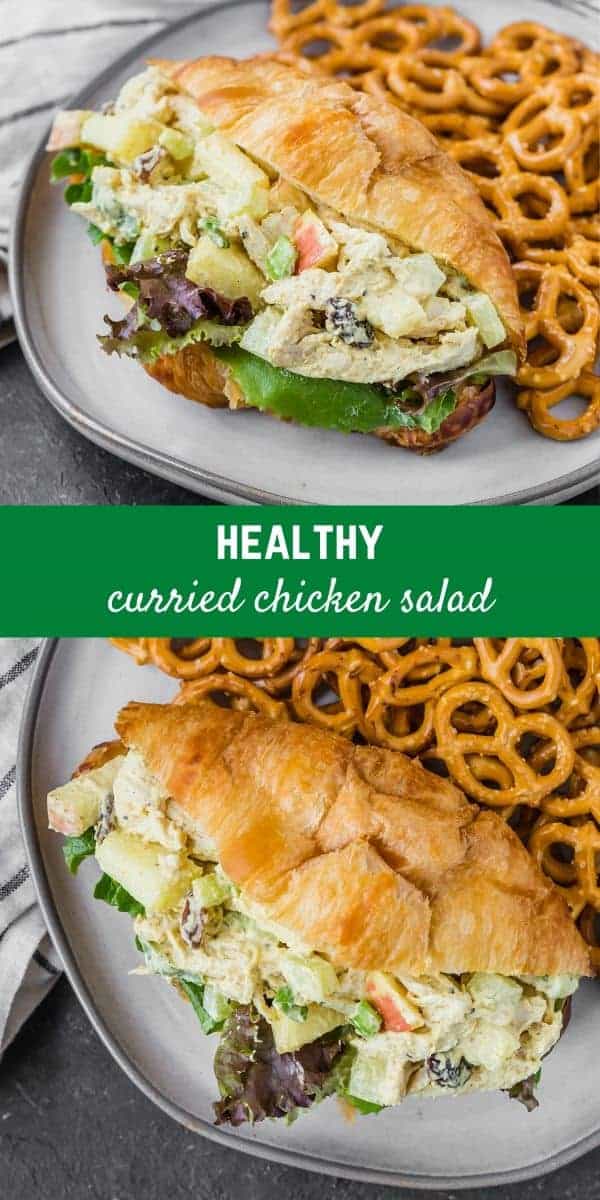 Collage image of curried chicken salad.
