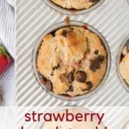 Collage image of strawberry chocolate chip muffins.