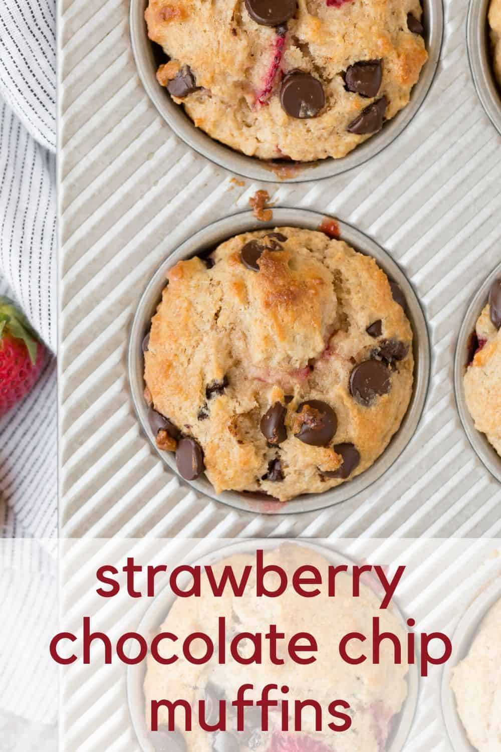Collage image of strawberry chocolate chip muffins.