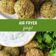 A collage of falafel images, with a text overlay that reads "air fryer falafel."