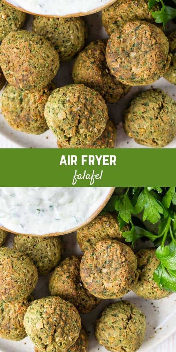 A collage of falafel images, with a text overlay that reads "air fryer falafel."