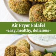 A collage of falafel images, with a text overlay that reads "air fryer falafel, easy, healthy, delicious."