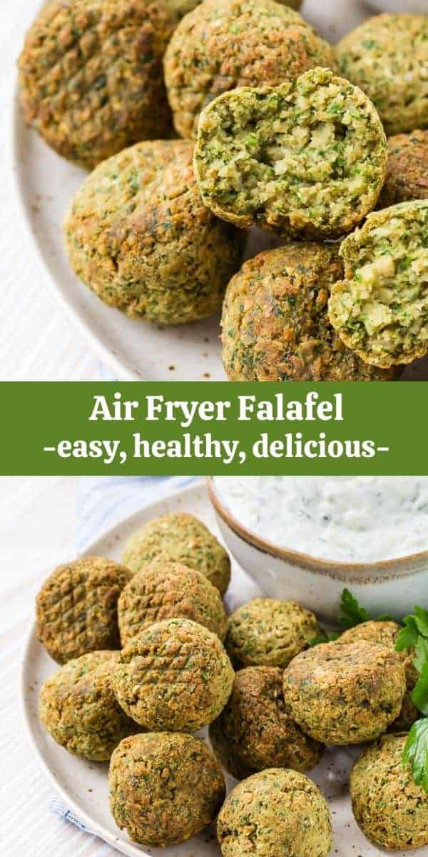 A collage of falafel images, with a text overlay that reads "air fryer falafel, easy, healthy, delicious."