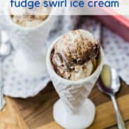 Fudge swirl ice cream in a cone shaped bowl. Text overlay present with recipe name.